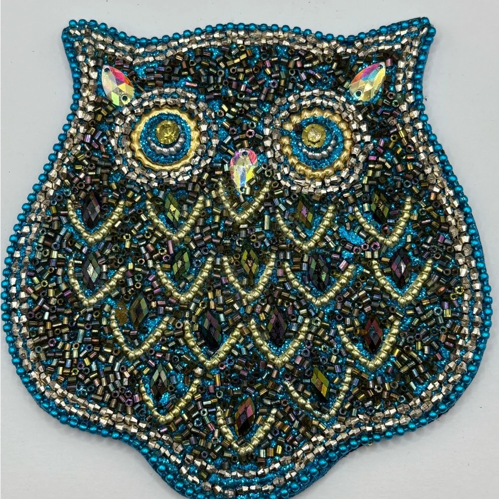 Pier 1 Beaded Jewel Tone Owl Coaster Set 4 Whimsy Owls Retired